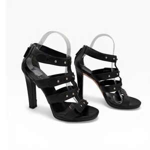 Gucci Gladiator Sandals 37.5 Edgy Black Studded Leather Caged High Heel Luxury